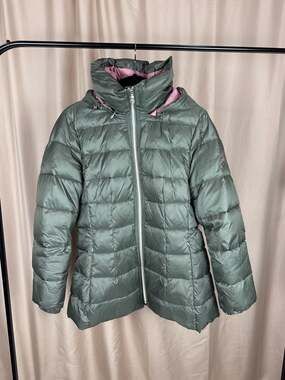 Kate Spade Olive Green Down-Filled Puffer Jacket with Pink Lining